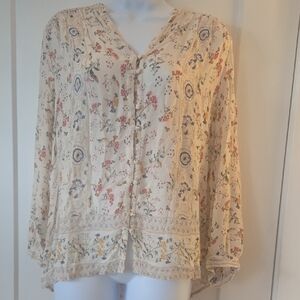 Lucky Brand Cream Floral Print Relaxed Notched Collar Blouse
